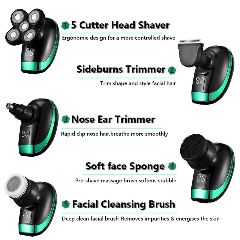 5 In 1 Rechargeable Bald Head Shaver With 5 Floating Heads And Grooming Attachments 4