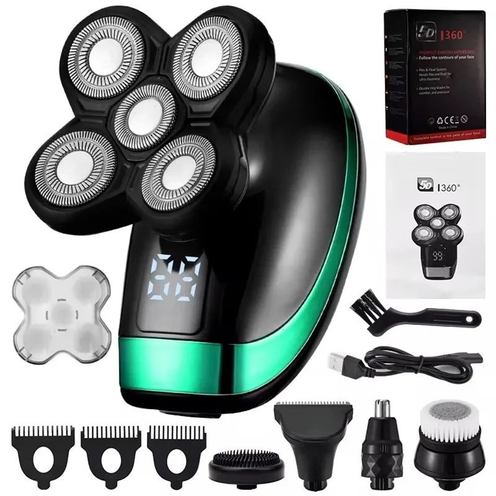 5 In 1 Rechargeable Bald Head Shaver With 5 Floating Heads And Grooming Attachments 5