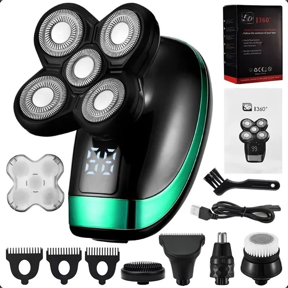 5 In 1 Rechargeable Bald Head Shaver With 5 Floating Heads And Grooming Attachments 7