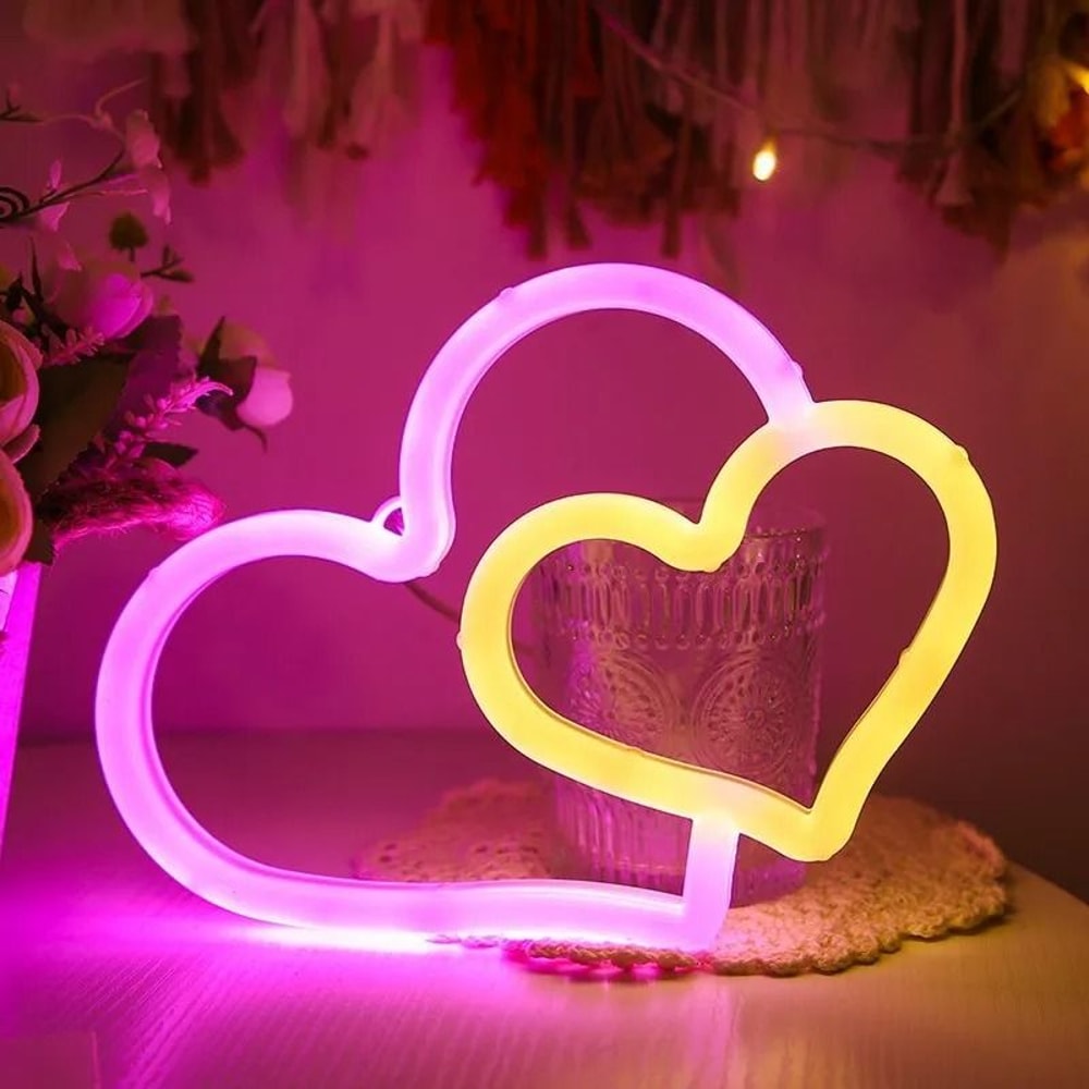 Double Heart Neon LED Sign With Base And USB Or Battery Power For Room Decor And Parties 1