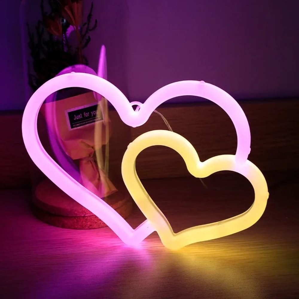Double Heart Neon LED Sign With Base And USB Or Battery Power For Room Decor And Parties 3