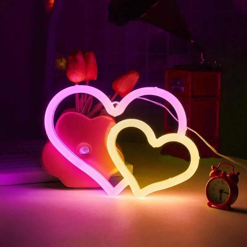 Double Heart Neon LED Sign With Base And USB Or Battery Power For Room Decor And Parties 4