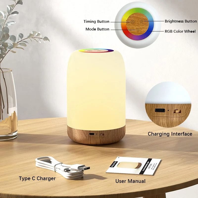 USB Rechargeable RGB Touch Night Light With Wood Grain Base And Timer For Bedroom And Kids Decor 3