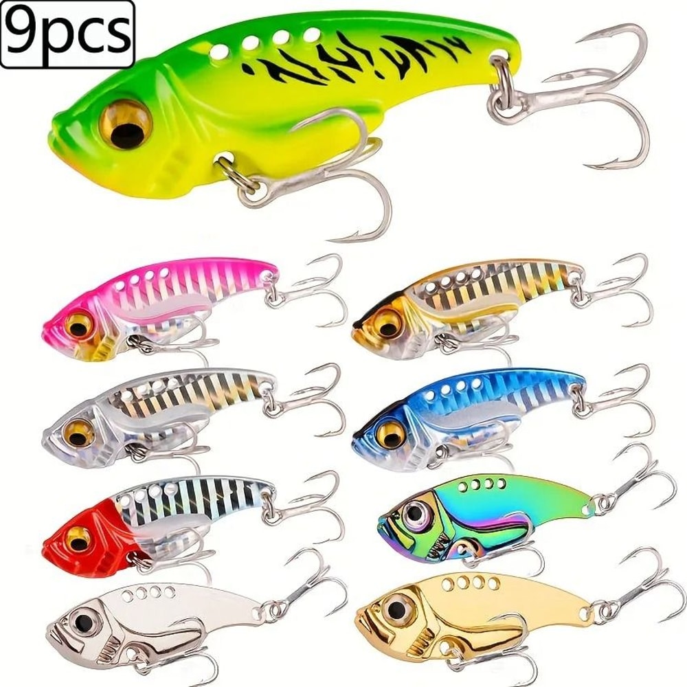 9 Piece Metal VIB Spinner Spoon Fishing Lure Set With 3D Eyes For Trout And Bass 0