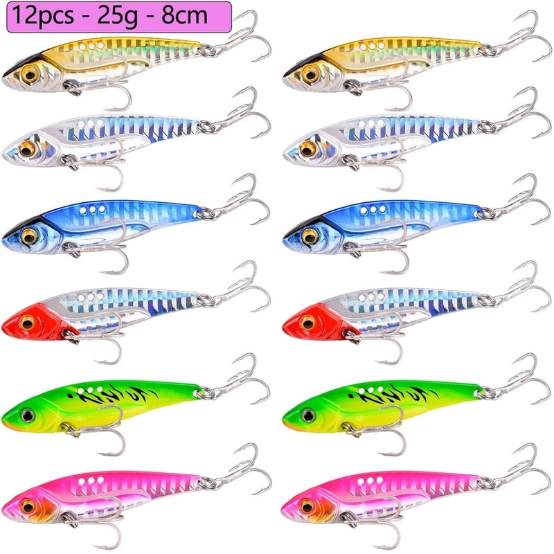 12 Piece Metal VIB Fishing Lure Set Vibration Spoon Spinner Hard Baits For Bass And Pike 12