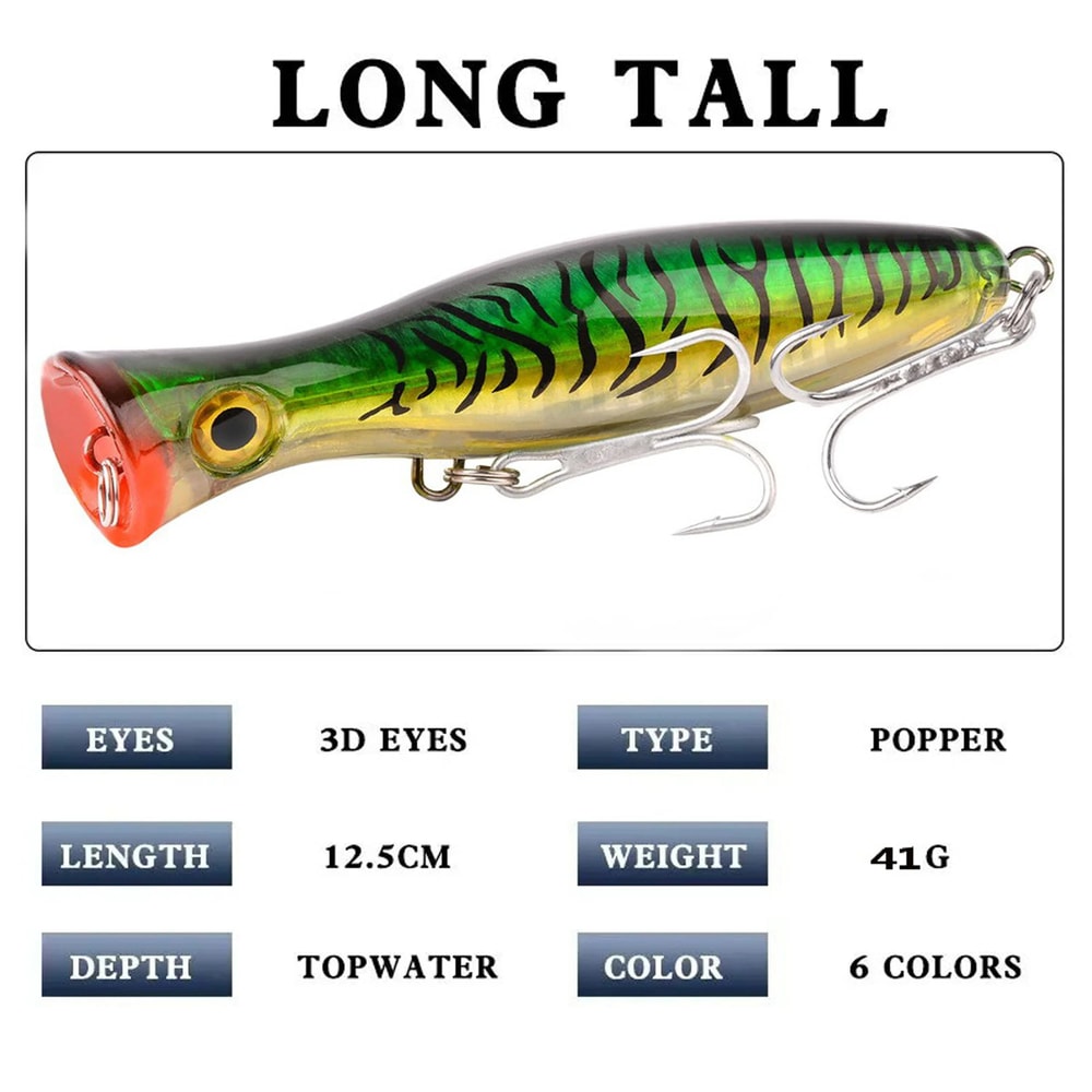 Big Game Saltwater Popper Fishing Lure Topwater Wobbler With 3D Eyes And Treble Hooks 2