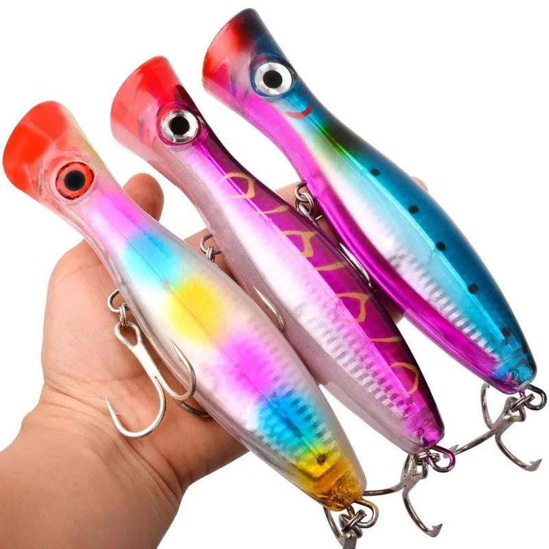 Big Game Saltwater Popper Fishing Lure Topwater Wobbler With 3D Eyes And Treble Hooks 5