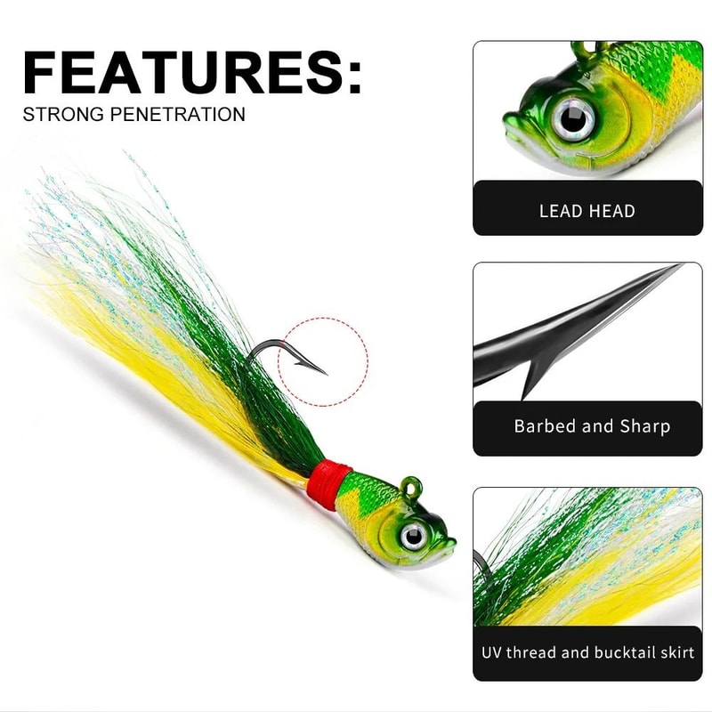Bucktail Jig Head Lure With 3D Eyes Deer Hair Feather Hook For Bass And Saltwater Fishing 3