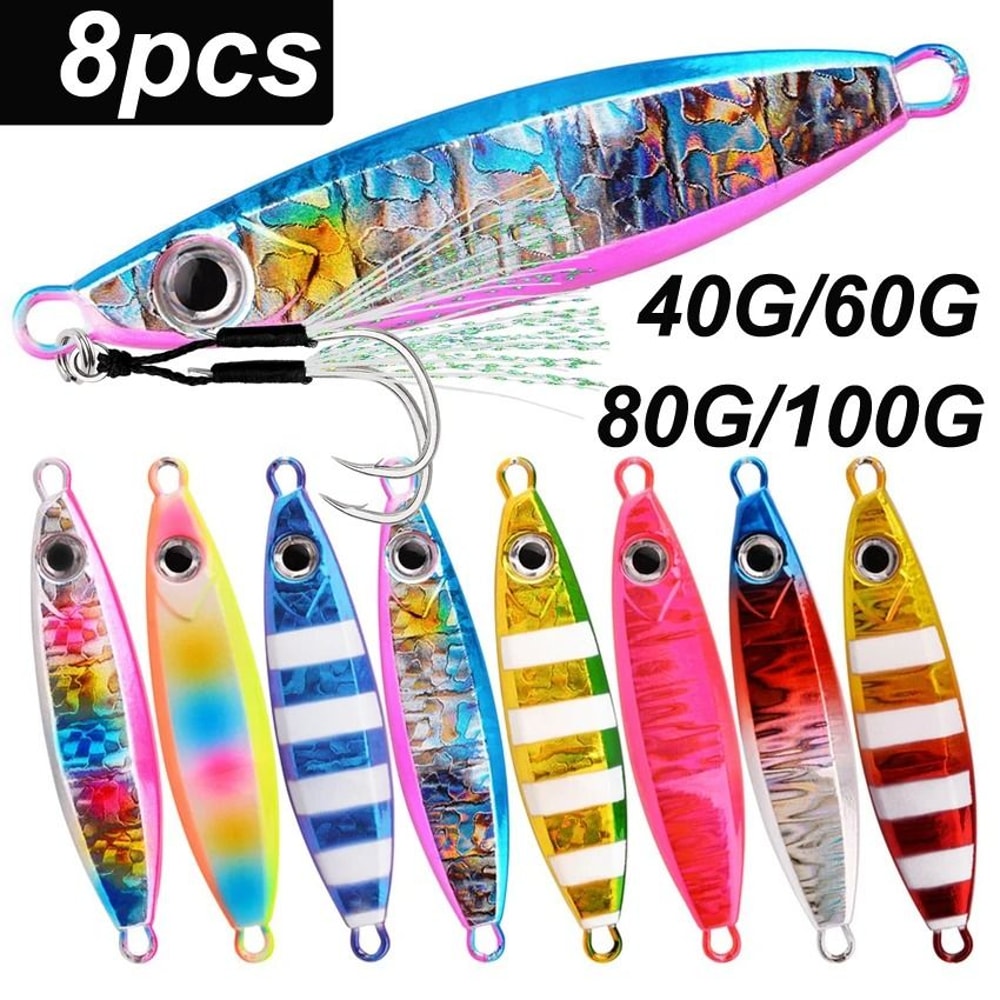 8Piece Metal Casting Jig Spoon Set 141 Oz To 353 Oz Shore Jig Lures For Sea Bass And Saltwater Fish 0