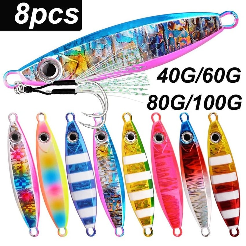 8Piece Metal Casting Jig Spoon Set 141 Oz To 353 Oz Shore Jig Lures For Sea Bass And Saltwater Fish 0