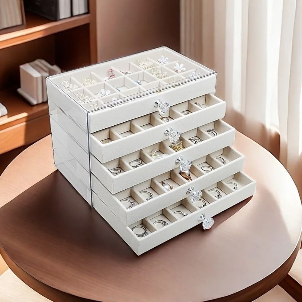 5 Tier Velvet Jewelry Organizer Box With Transparent Compartments 0