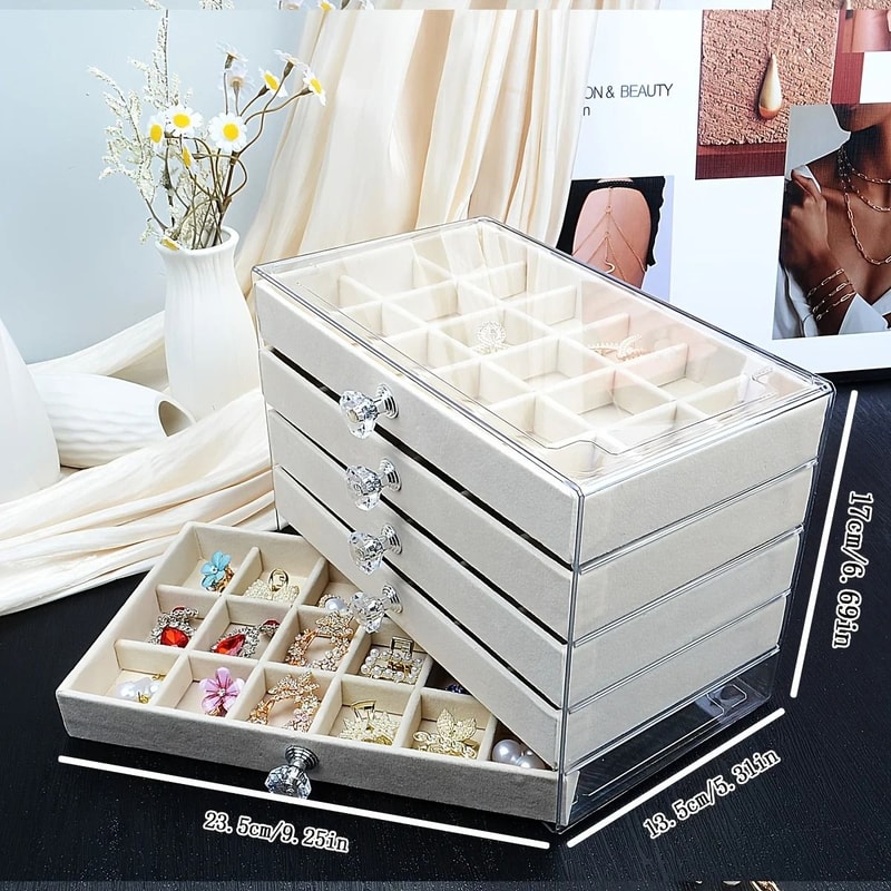 5 Tier Velvet Jewelry Organizer Box With Transparent Compartments 2