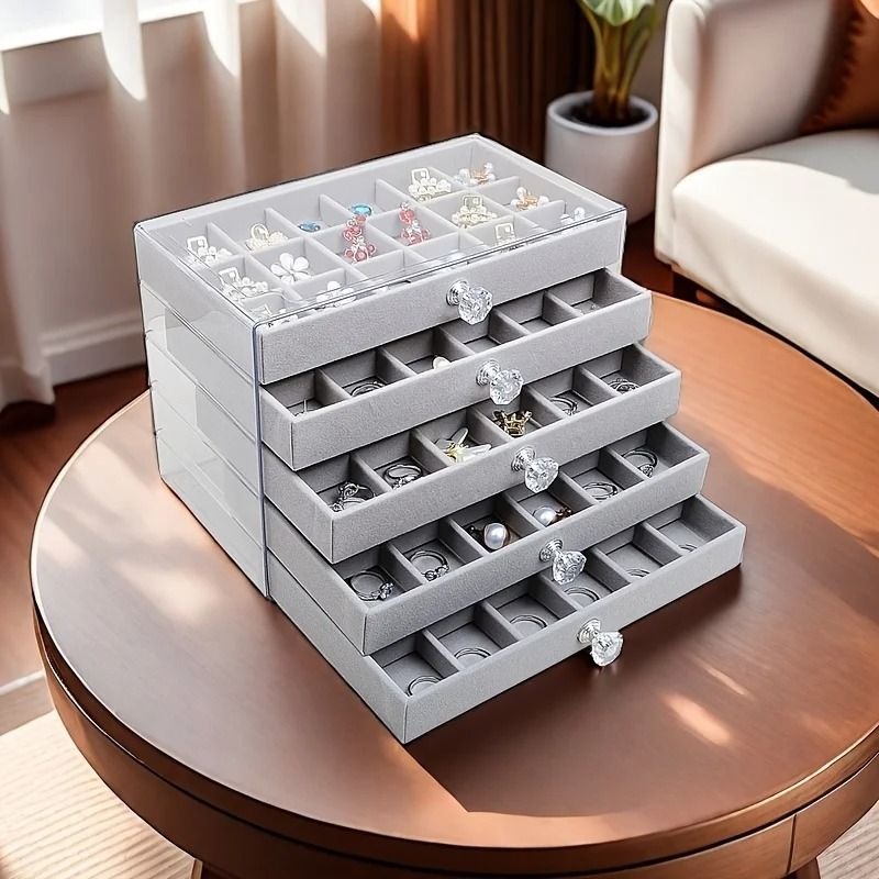 5 Tier Velvet Jewelry Organizer Box With Transparent Compartments 3