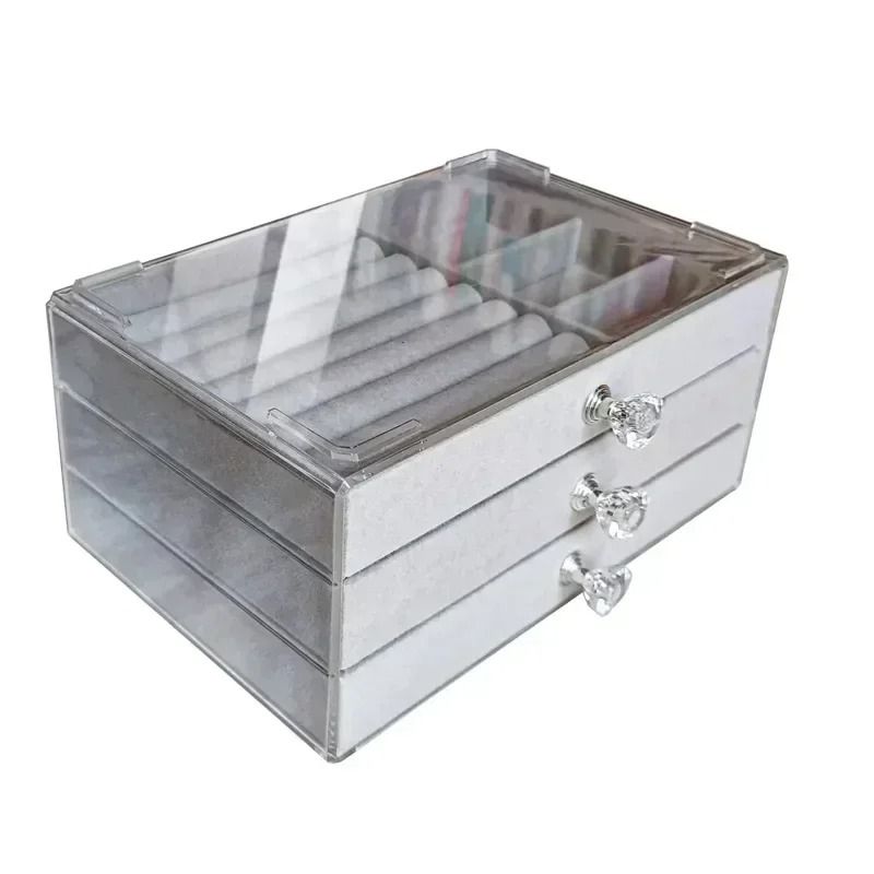 Velvet Acrylic Jewelry Organizer With 3 Drawers In Grey 6