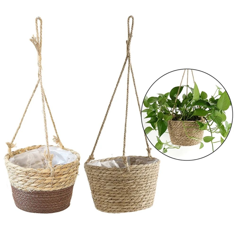 Handwoven Hanging Basket Planter Twine Woven Rattan Style Orchid Pot 2