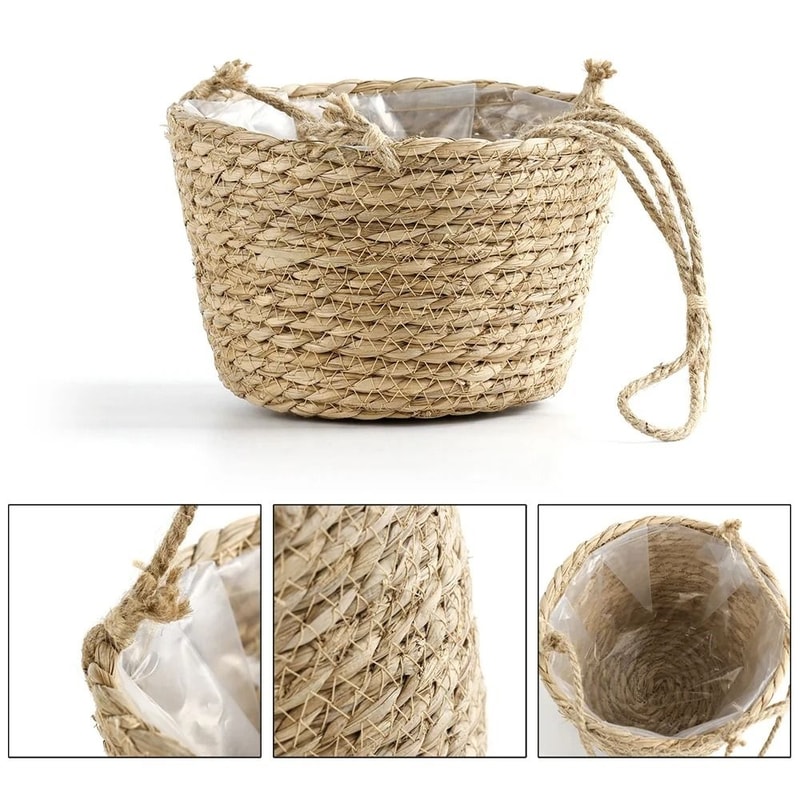 Handwoven Hanging Basket Planter Twine Woven Rattan Style Orchid Pot 5