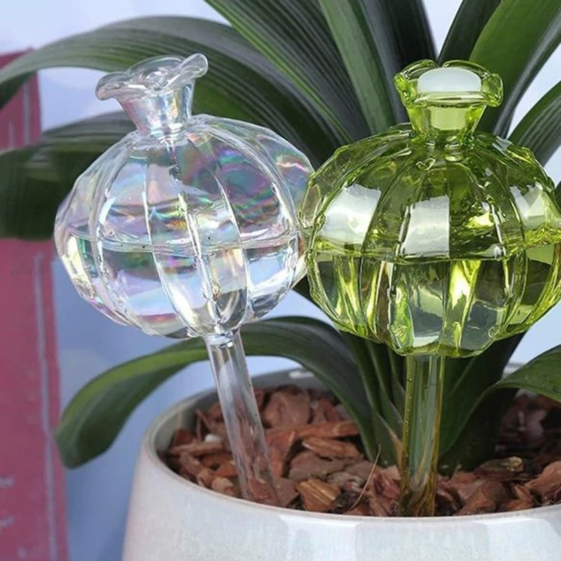 Glass Pomegranate Flower Plant Watering Globes Lazy Self Watering Drippers Set Of 2 1