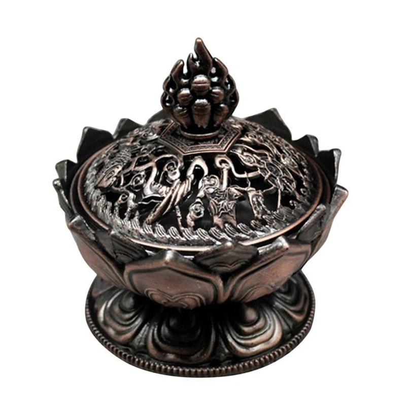 Lotus Flower Incense Burner Brass Style Buddhist Decor Mini Metal Censer 0