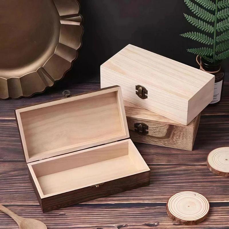 Rectangular Wooden Storage Box Gift Packaging Organizer With Hinged Lid 0