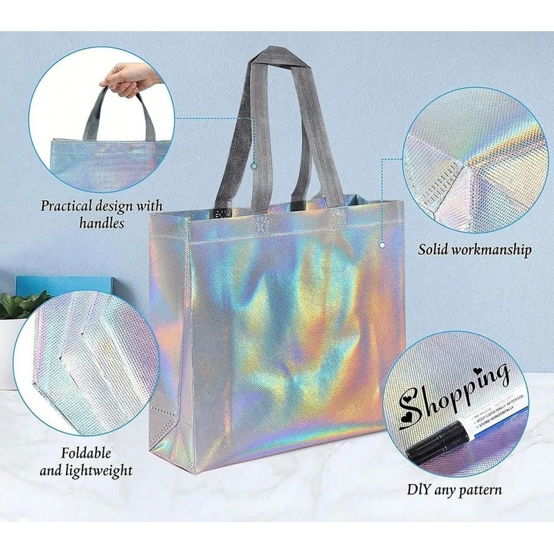 Reusable Silver Gift Tote Bags Party Favor And Shopping Bags Set Of 5 2