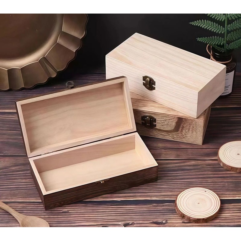 Rectangular Wooden Gift Box Storage Organizer With Hinged Lid And Latch 0