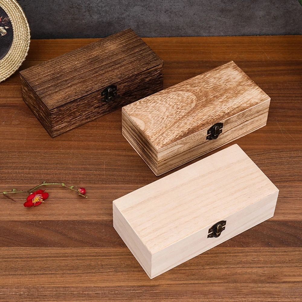 Rectangular Wooden Gift Box Storage Organizer With Hinged Lid And Latch 2