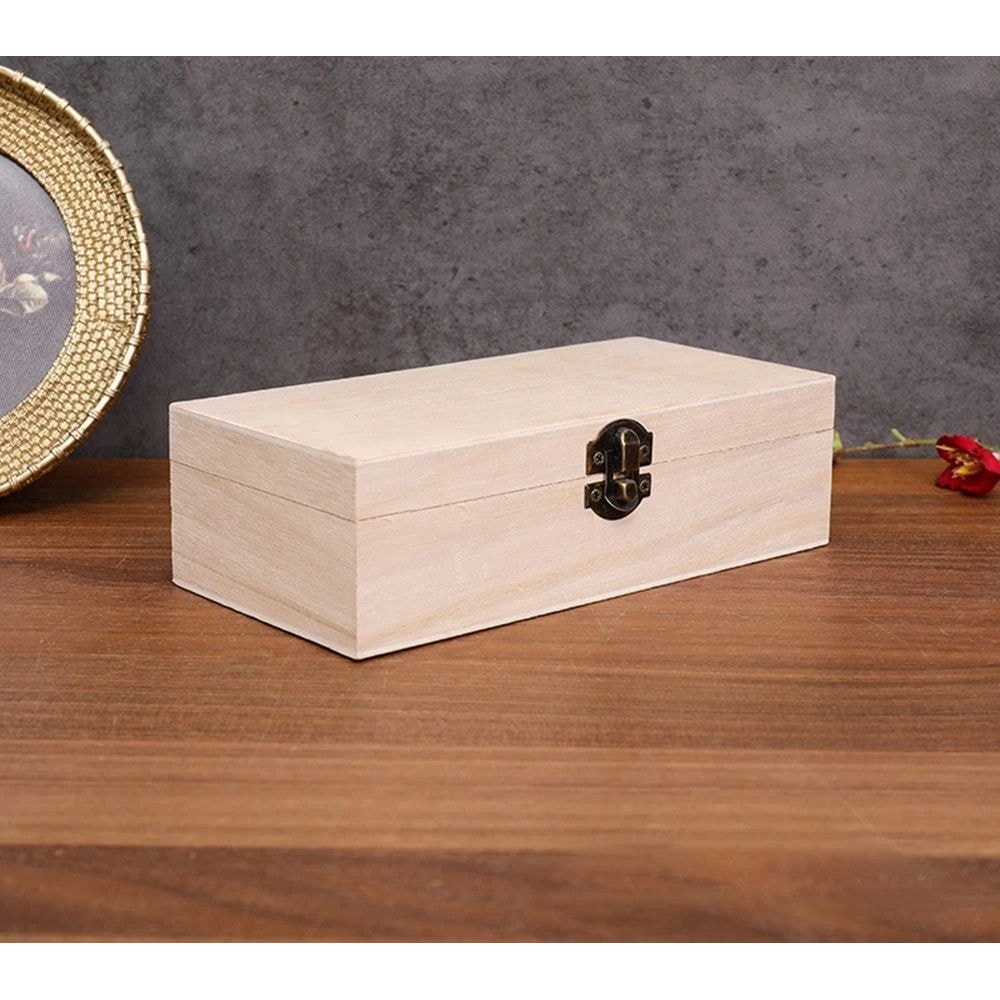 Rectangular Wooden Gift Box Storage Organizer With Hinged Lid And Latch 7