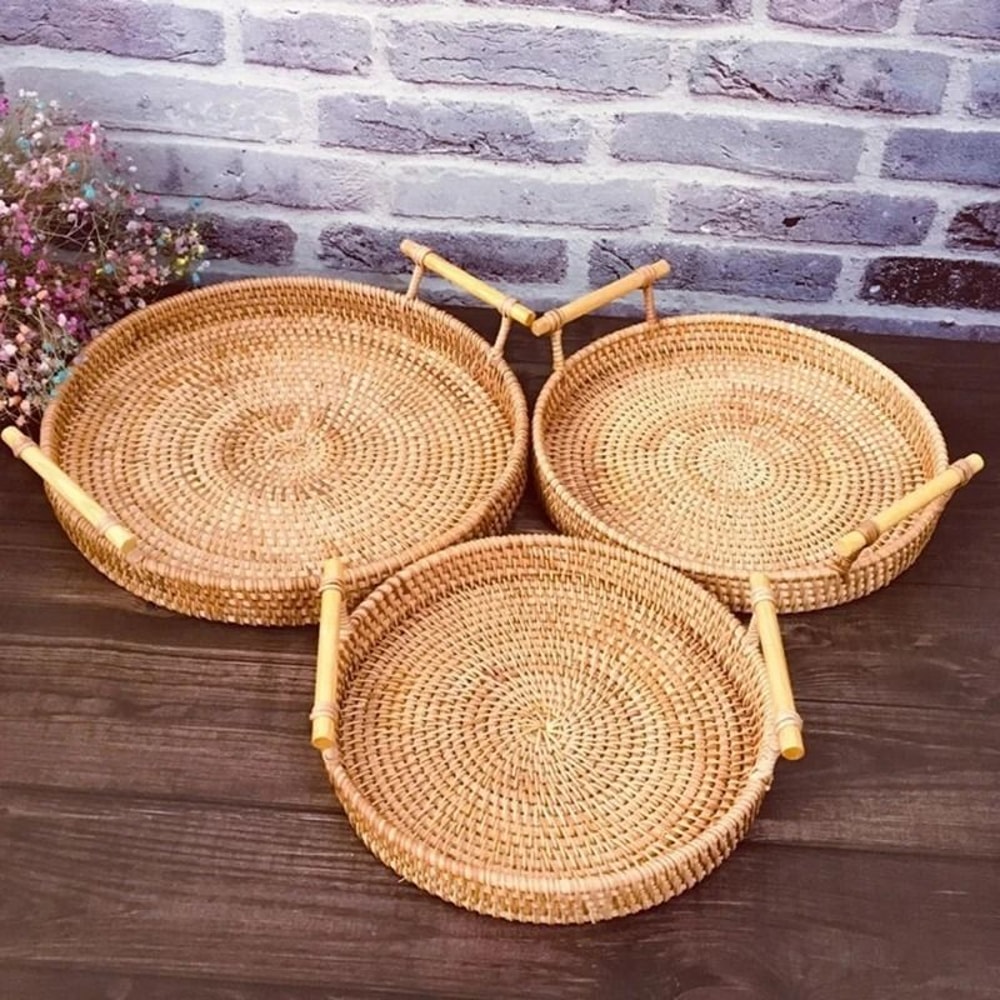Woven Rattan Round Storage Basket Tray With Strap Handle For Snacks And Picnic 3