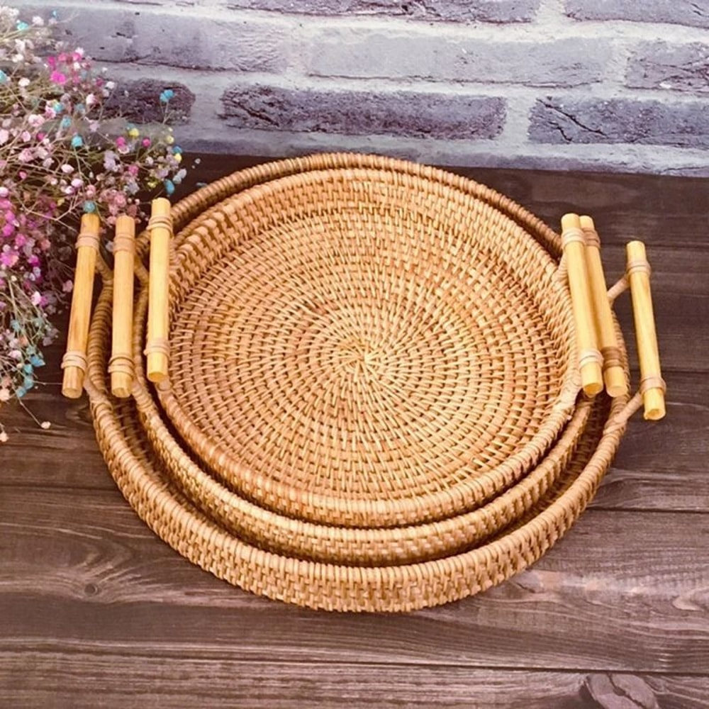 Woven Rattan Round Storage Basket Tray With Strap Handle For Snacks And Picnic 4