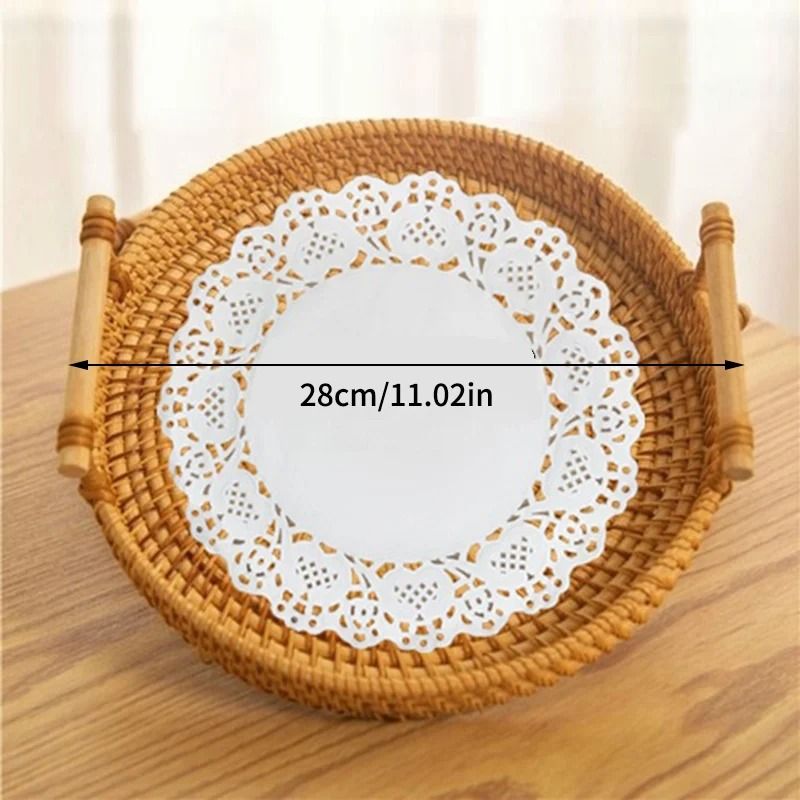 Woven Rattan Round Storage Basket Tray With Strap Handle For Snacks And Picnic 7