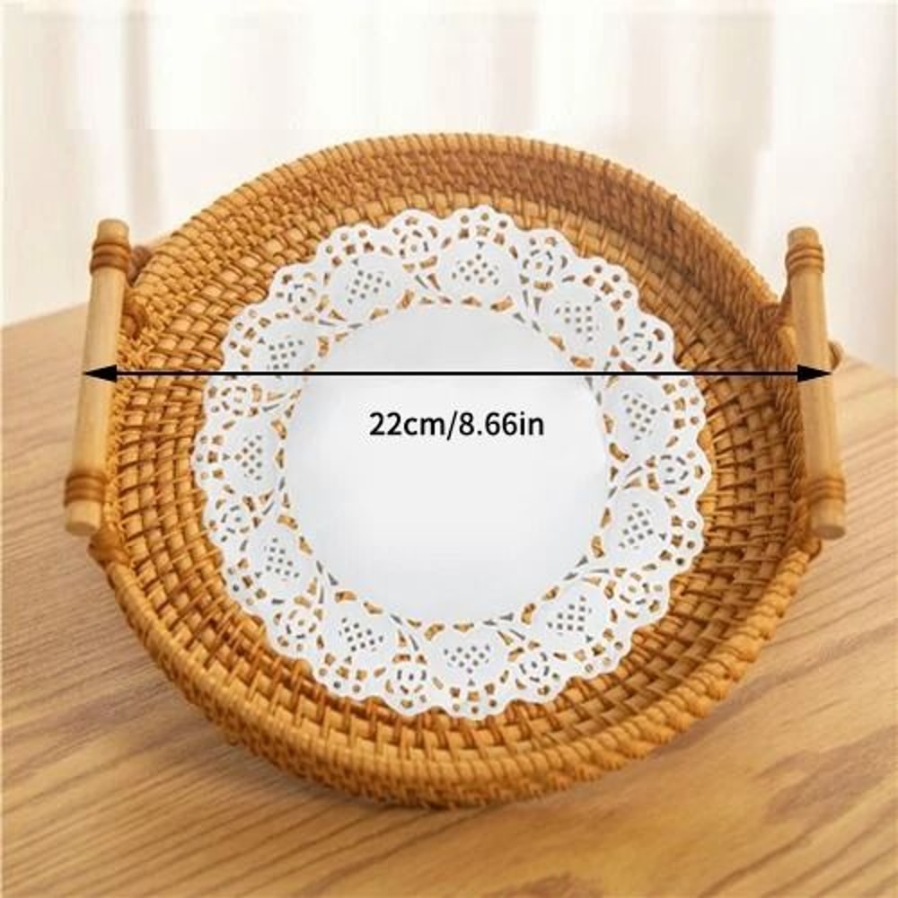 Woven Rattan Round Storage Basket Tray With Strap Handle For Snacks And Picnic 9