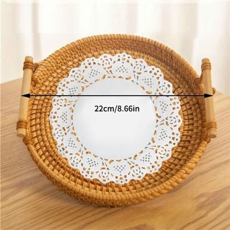 Woven Rattan Round Storage Basket Tray With Strap Handle For Snacks And Picnic 9