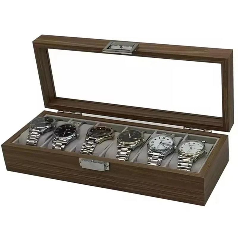 Black Walnut Style Wooden Watch Display Box 6 Slot Storage Case For Watches 2