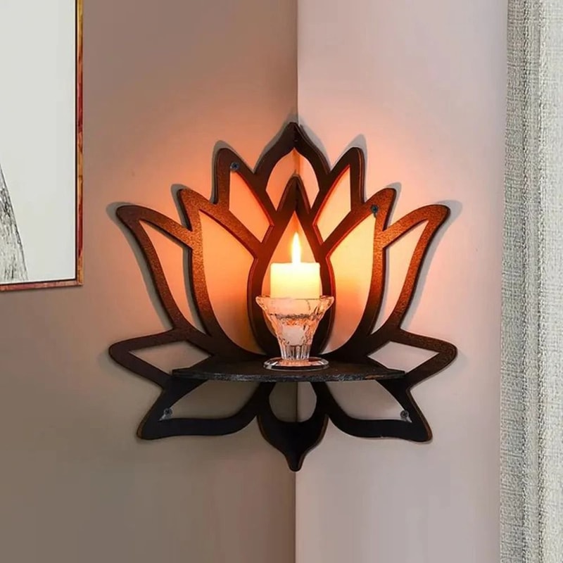 Wooden Lotus Corner Wall Shelf Aromatherapy And Candle Display Rack 1