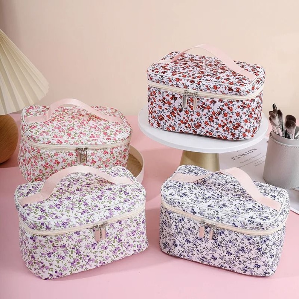 Floral Quilted Makeup Bag Portable Travel Cosmetic Storage Pouch 0