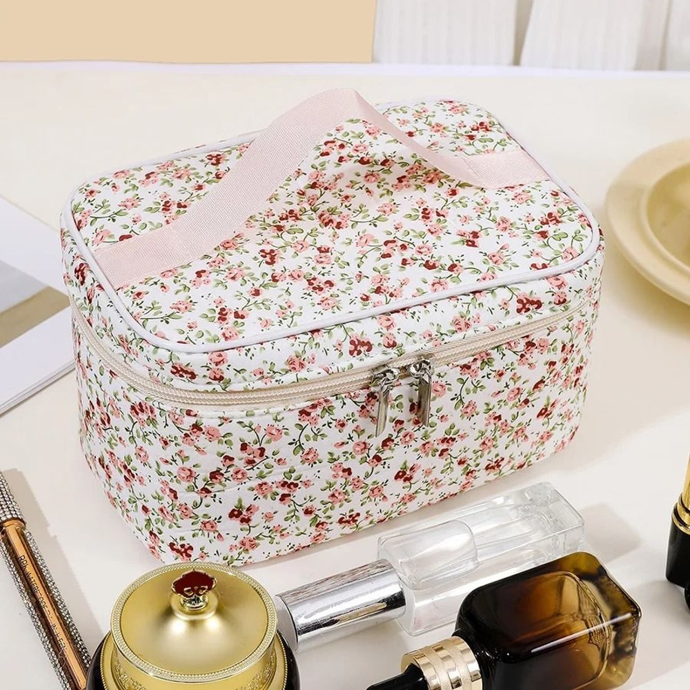 Floral Quilted Makeup Bag Portable Travel Cosmetic Storage Pouch 2