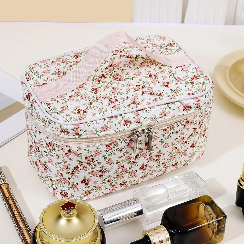 Floral Quilted Makeup Bag Portable Travel Cosmetic Storage Pouch 2