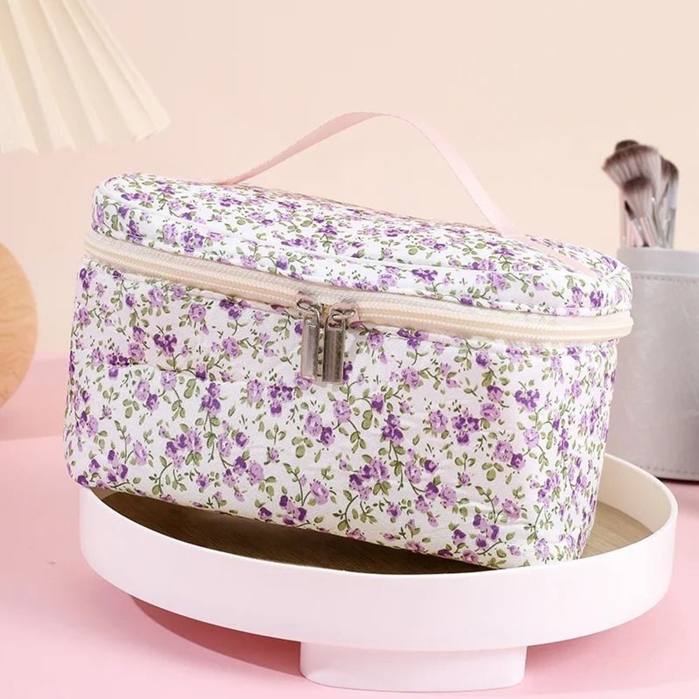 Floral Quilted Makeup Bag Portable Travel Cosmetic Storage Pouch 4