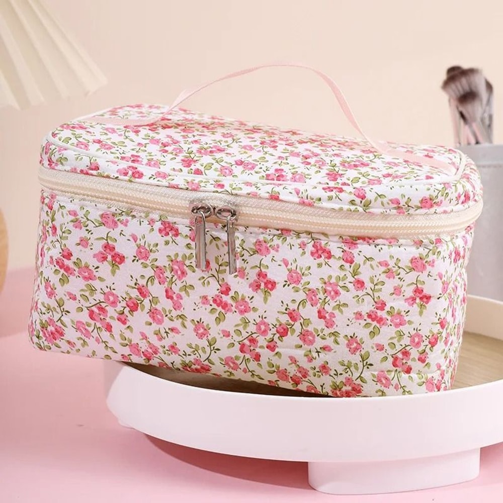Floral Quilted Makeup Bag Portable Travel Cosmetic Storage Pouch 7