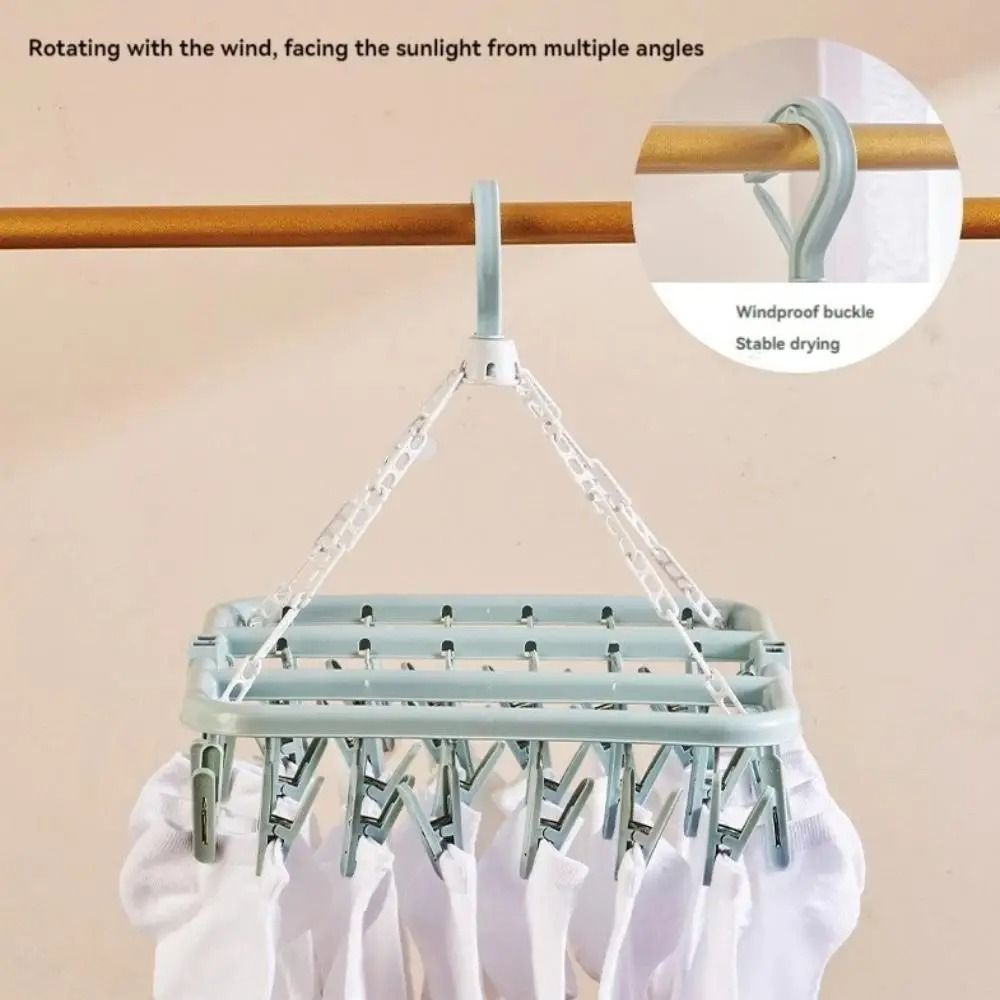 Folding Windproof Socks Clip Drying Hanger Space Saving 32 Clip Laundry Organizer 2