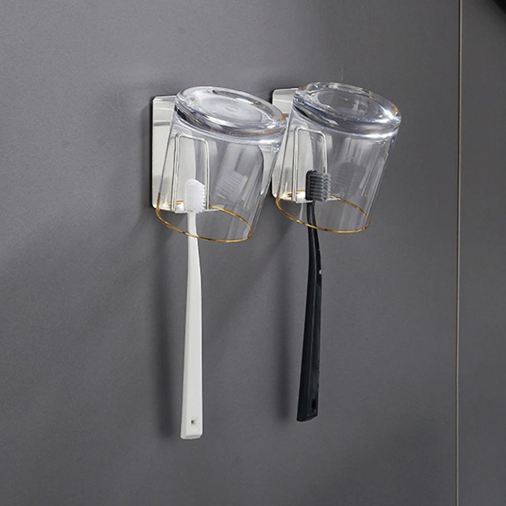Stainless Steel Toothbrush And Cup Wall Hook Self Adhesive Bathroom Organizer 0