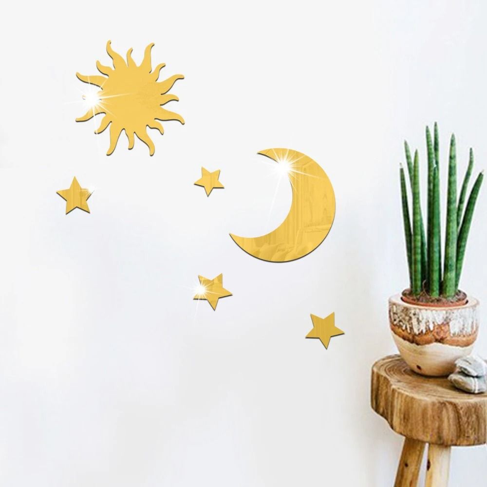 Star And Moon Mirror Wall Stickers Set Acrylic Self Adhesive Removable Decor 6 Pieces 4