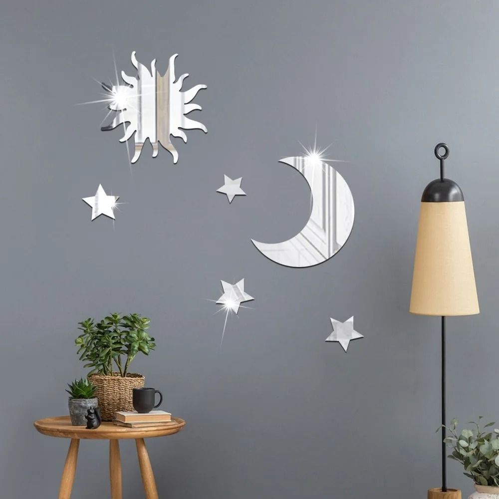 Star And Moon Mirror Wall Stickers Set Acrylic Self Adhesive Removable Decor 6 Pieces 6