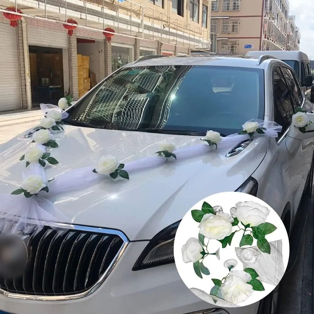 White Rose Artificial Flower With Ribbons Wedding Car Door Handle Decor Silk Bridal Decoration 0