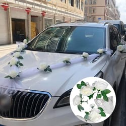 white rose artificial flower with ribbons wedding car door handle decor silk bridal decoration