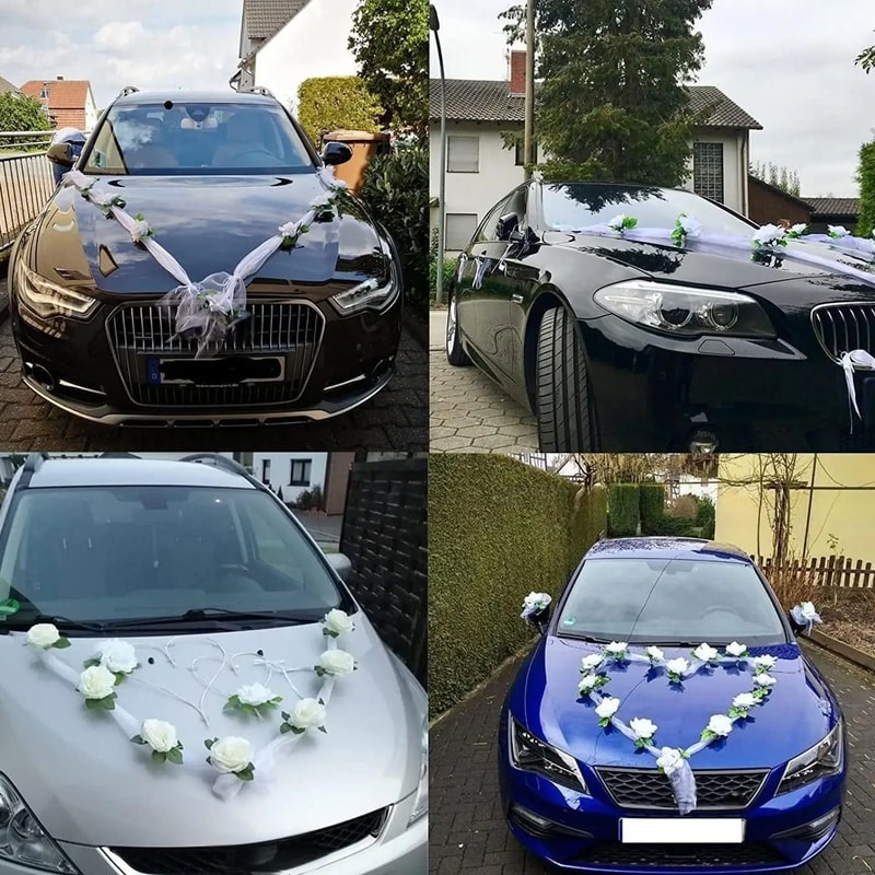 White Rose Artificial Flower With Ribbons Wedding Car Door Handle Decor Silk Bridal Decoration 2