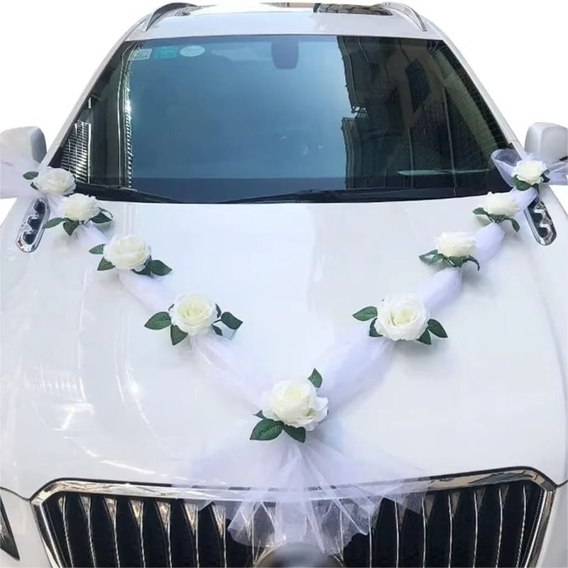 White Rose Artificial Flower With Ribbons Wedding Car Door Handle Decor Silk Bridal Decoration 5
