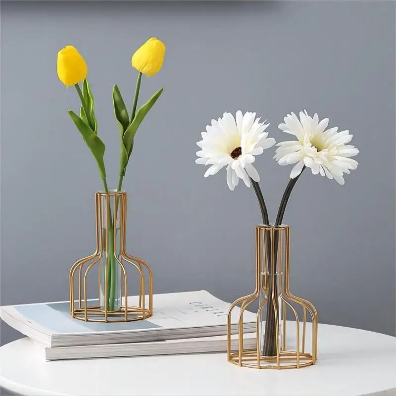 Gold Hollow Iron Vase With Clear Tube Modern Flower Holder For Dried And Artificial Arrangements 0