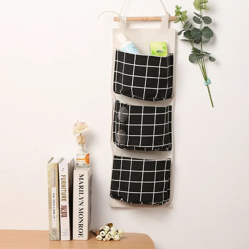 3 Pocket Hanging Wall Storage Organizer Cotton Linen Door And Wall Bag For Home 1