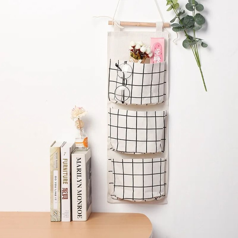3 Pocket Hanging Wall Storage Organizer Cotton Linen Door And Wall Bag For Home 8